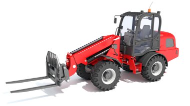 Telehandler ağır inşaat makineleri beyaz arkaplan üzerinde 3B oluşturma modeli