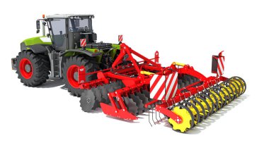 Kompakt Disk Harrow 3D tarama modeline sahip tarım traktörü beyaz arkaplanda