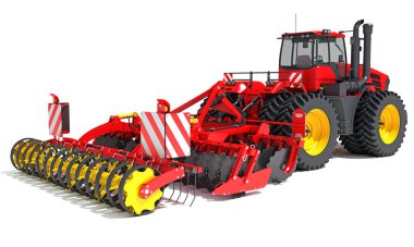 Kompakt Disk Harrow 3D tarama modeline sahip tarım traktörü beyaz arkaplanda