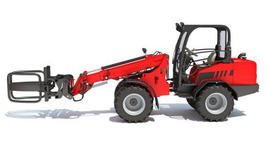 Telehandler ağır inşaat makineleri beyaz arkaplan üzerinde 3B oluşturma modeli