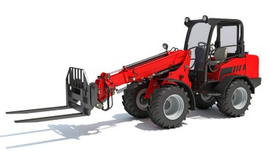 Telehandler ağır inşaat makineleri beyaz arkaplan üzerinde 3B oluşturma modeli