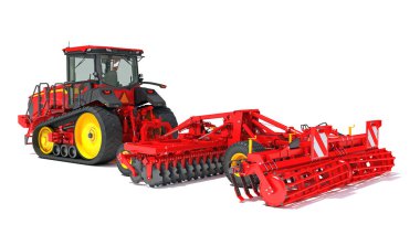 Tohum Delme ekipmanlı traktör disk harrow 3D görüntüleme modeli beyaz arkaplan