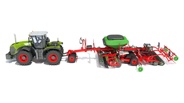 Tractor with Seed Drill farm equipment disc harrow 3D rendering model on white background