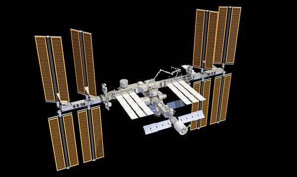 Nemzetközi Űrállomás Iss Renderelés Modell Fekete Háttér Stock Kép