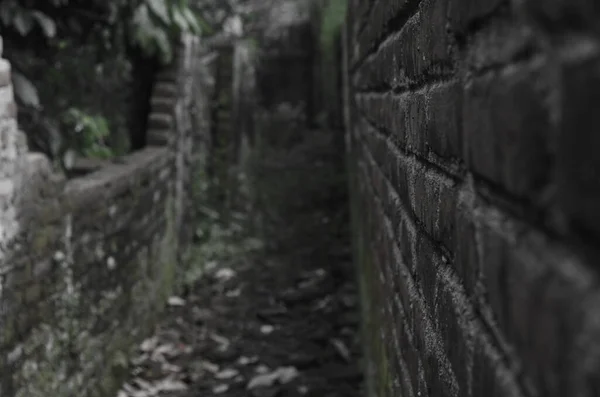 stock image Long hallway with collapsed walls. Scary old alley. Black and white concept. The wall aisle is almost collapsed and mossy with a black and white concept that looks scary and scary. 