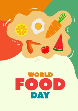 Dünya Gıda Günü. Sağlıklı yiyecekler için her 16 Ekim 'de bir vektör posteri illüstrasyonu..