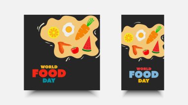 Dünya Gıda Günü. Sosyal medya illüstrasyonları sağlıklı gıdalar için her 16 Ekim 'de bir selamlama ve yiyecek israfını durdurma.