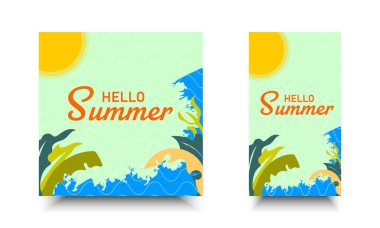 Merhaba Yaz Sosyal Medya Tasarımı. Reklamlar, promosyonlar ve seyahat indirimleri için deniz, güneş ve yapraklı tropikal illüstrasyonlar