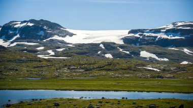 Norveç 'te yaz mevsiminde dağların ve tehlike platosunun güzel manzarası ve gölü.