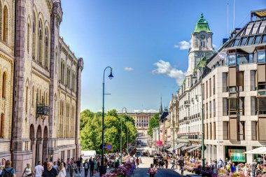 Oslo, Norveç - Temmuz 2022: Yaz mevsiminde şehir ve binaların manzarası çok güzel, HDR Image