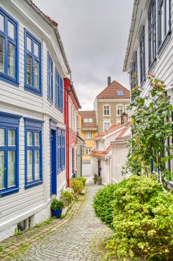 Bergen, Norrway - Ağustos 2022: Yaz mevsimi, HDR İmaj Tarihi Sanayi