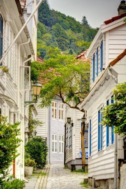 Bergen, Norrway - Ağustos 2022: Yaz mevsimi, HDR İmaj Tarihi Sanayi