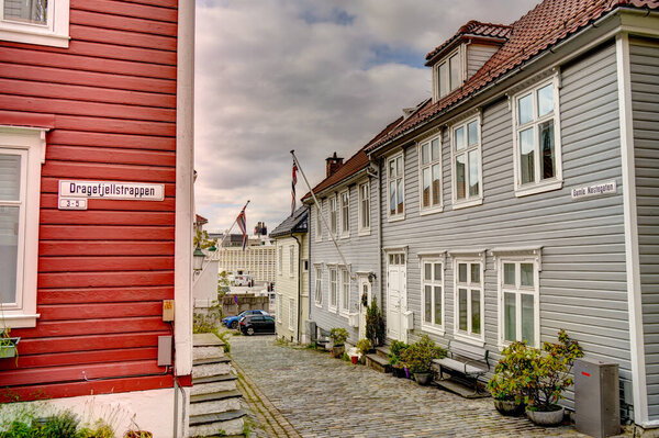 BERGEN, NORWAY - AUGUST 2022 : HISTORICAL CENTER IN SUMMERTIME, HDR IMAGE