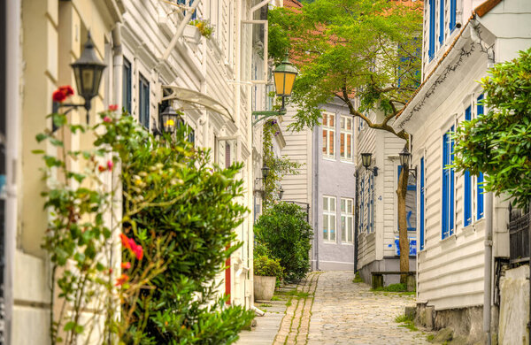 BERGEN, NORWAY - AUGUST 2022 : HISTORICAL CENTER IN SUMMERTIME, HDR IMAGE