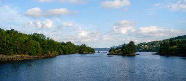 Norveç 'te Hardangerfjord' un doğa arkaplanındaki güzel manzarası