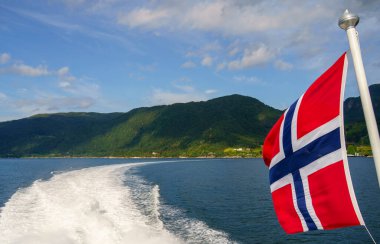 Norveç bayrağıyla Hardangerfjord 'un inanılmaz manzarası 