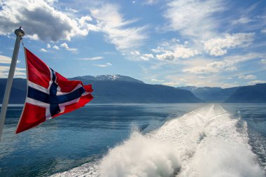 Norveç bayrağıyla Hardangerfjord 'un inanılmaz manzarası 