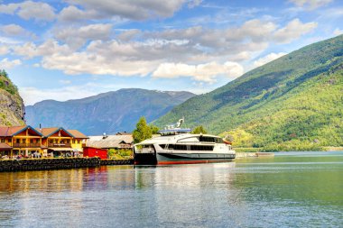 Norveç 'te yaz mevsiminde evlerle Flam' in muhteşem manzarası