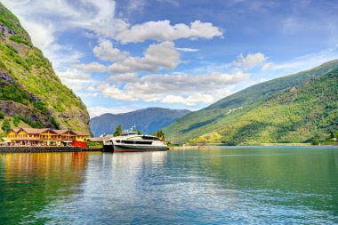 Norveç 'te yaz mevsiminde evlerle Flam' in muhteşem manzarası