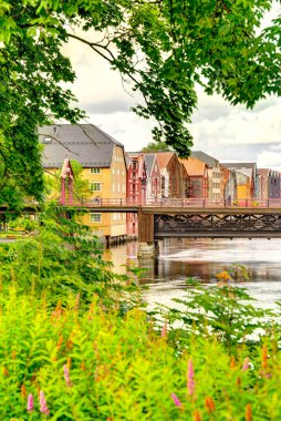 Trondheim, Norveç - Ağustos 2022: Bulutlu havada tarihi merkez