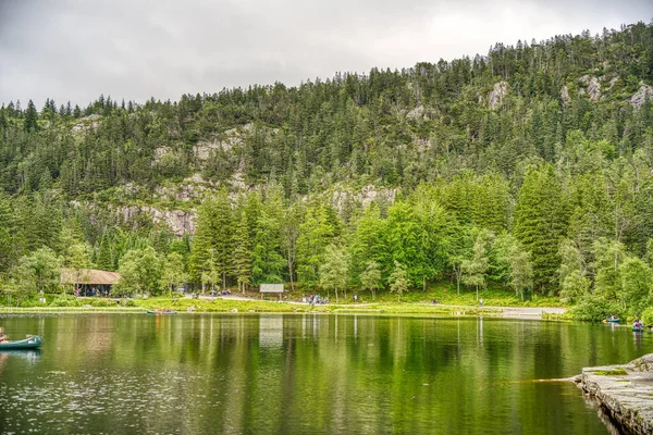 Trondheim Norveç Ağustos 2022 Bulutlu Havada Yeşil Orman Göl — Stok fotoğraf