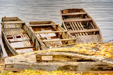 Eski tekneler Tisza nehri, doğa arka planında HUNGARY