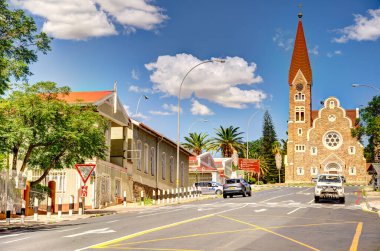 Windhoek, Namibia - Ocak 2023: Güneşli havalarda tarihi şehir merkezine bakın, HDR Image