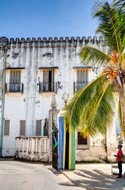 Stone Town, Zanzibar, Tanzanya - Ocak 2023: Güneşli havada tarihi simgeler