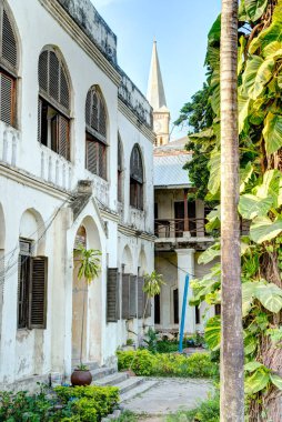 Stone Town, Zanzibar, Tanzanya - Ocak 2023: Güneşli havada tarihi simgeler
