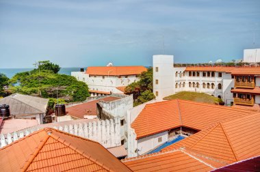 Stone Town, Zanzibar, Tanzanya - Ocak 2023: Güneşli havada tarihi simgeler