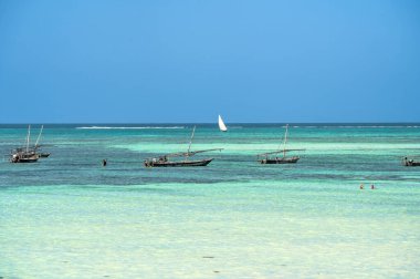 Nungwi, Zanzibar, Tanzanya - Ocak 2023: Güneşli havalarda resim plajı