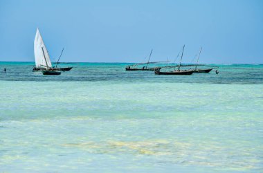 Nungwi, Zanzibar, Tanzanya - Ocak 2023: Güneşli havalarda resim plajı