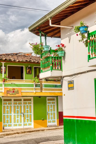 stock image Jardin, Colombia - May 2019: Vintage colorful colonial houses in the street of Jardin, Colombia