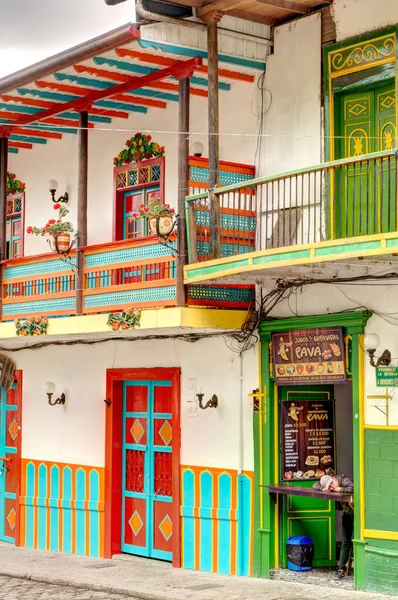 stock image Jardin, Colombia - May 2019: Historic colonial houses in Jardin, Colombia, showcase the town's cultural heritage with their unique architectural styles and lively colors.