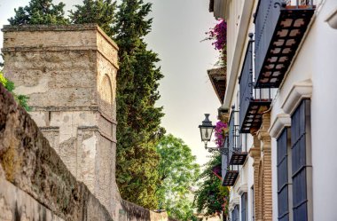 Seville, İspanya - 1 Haziran 2023: Yaz aylarında tarihi şehir merkezinin güzel manzarası, HDR Image