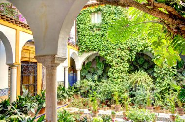 Seville, İspanya - 1 Haziran 2023: Yaz aylarında tarihi şehir merkezinin güzel manzarası, HDR Image