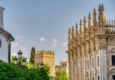 Seville, İspanya - 1 Haziran 2023: Yaz aylarında tarihi şehir merkezinin güzel manzarası, HDR Image