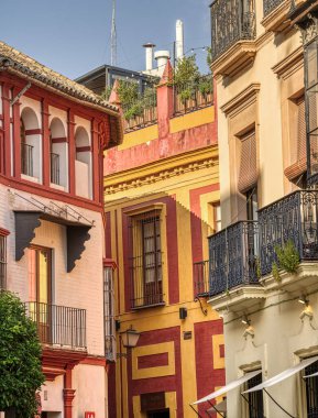 Seville, İspanya - 1 Haziran 2023: Yaz aylarında tarihi şehir merkezinin güzel manzarası, HDR Image