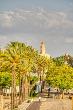 Seville, İspanya - 1 Haziran 2023: Yaz aylarında tarihi şehir merkezinin güzel manzarası, HDR Image