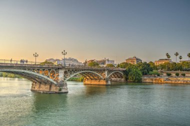 Seville, İspanya - 1 Haziran 2023: Yaz aylarında tarihi şehir merkezinin güzel manzarası, HDR Image