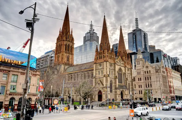 Melbourne Avustralya Ağustos 2023 Bulutlu Havada Tarihi Şehir Merkezi Hdr — Stok fotoğraf