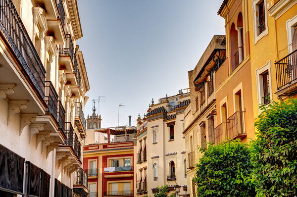 Seville, Spain - June 1, 2023: beautiful view of historical city center at summertime, HDR Image