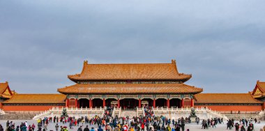 Pekin, Çin - 23 Ocak 2019: Bulutlu havada Yasak Şehir Sarayı