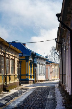 Rauma, Finlandiya - Şubat 12023: Kışın tarihi merkez, HDR Image