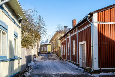 Rauma, Finlandiya - Şubat 12023: Kışın tarihi merkez, HDR Image