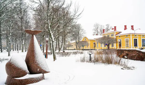 Mariehamn Aland Finland Maart 2023 Historisch Centrum Bij Sneeuwweer — Stockfoto
