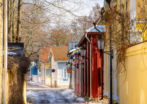 Naantali, Finland - March 21, 2023 : Historical village in wintertime, HDR Image