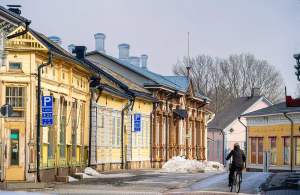 Rauma, Finlandiya - Şubat 12023: Kışın tarihi merkez, HDR Image