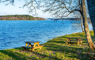 Horni Plana, Çek Cumhuriyeti - Mart 12023: İlkbaharda Bohem Ormanı ve Vltava Gölü, HDR Görüntü
