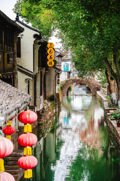 Zhouzhuang, China - December 1 2023: Historical village in cloudy weather, HDR Image
